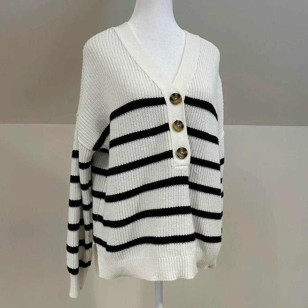 Rachel Zoe Striped Henley Pullover Sweater Coastal Luxe Loungewear Nautical